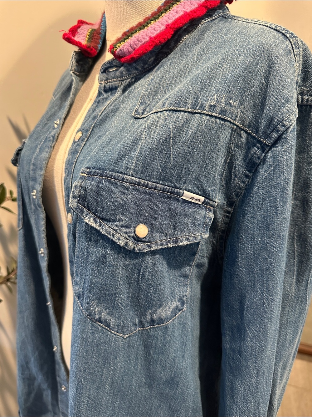 MOTHER The Collar Club Denim Shirt Jacket with Removable Crochet Collar New! - Picture 10 of 15